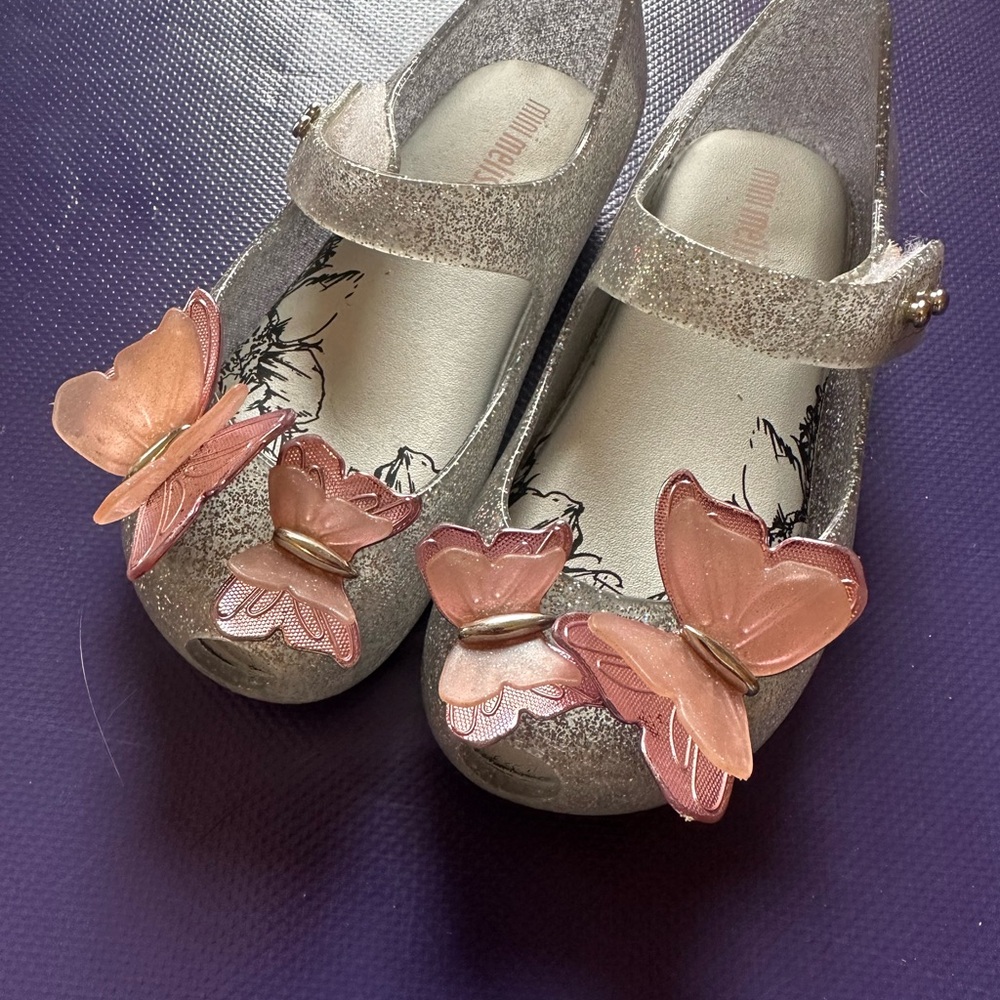 Mini Melissa Glittery Silver Shoes with Pink Butterflies